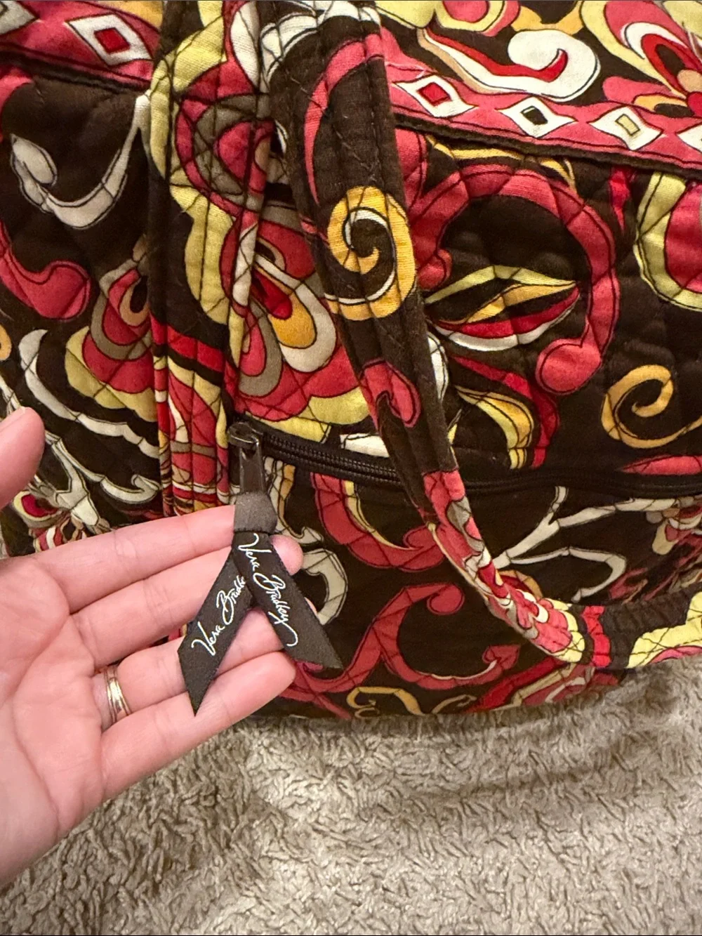 Vera Bradley Quilted Floral Tote in Brown, Red & Yellow
